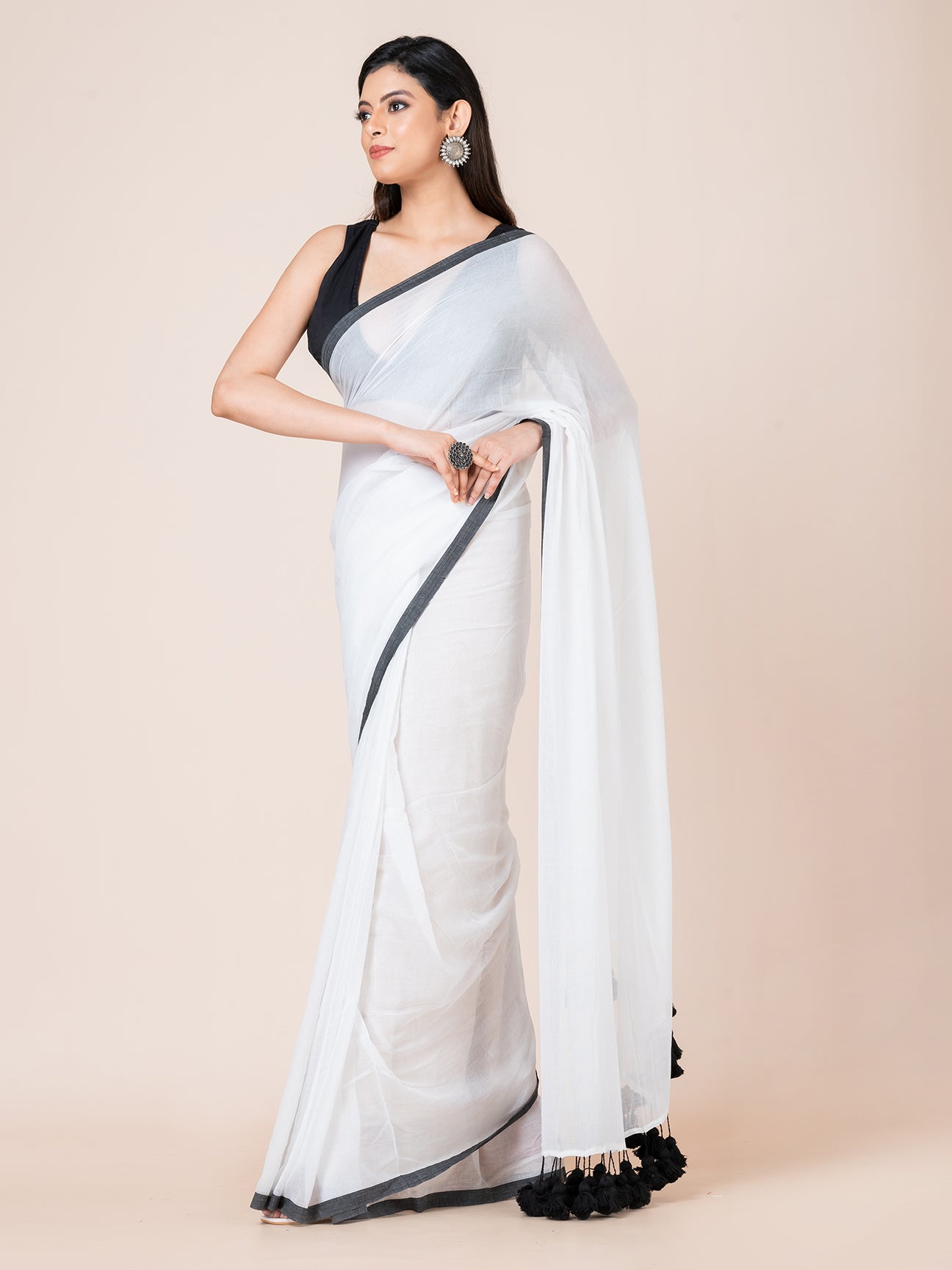 Peony - Pure cotton solid saree with contrast border and contrast tassels || White