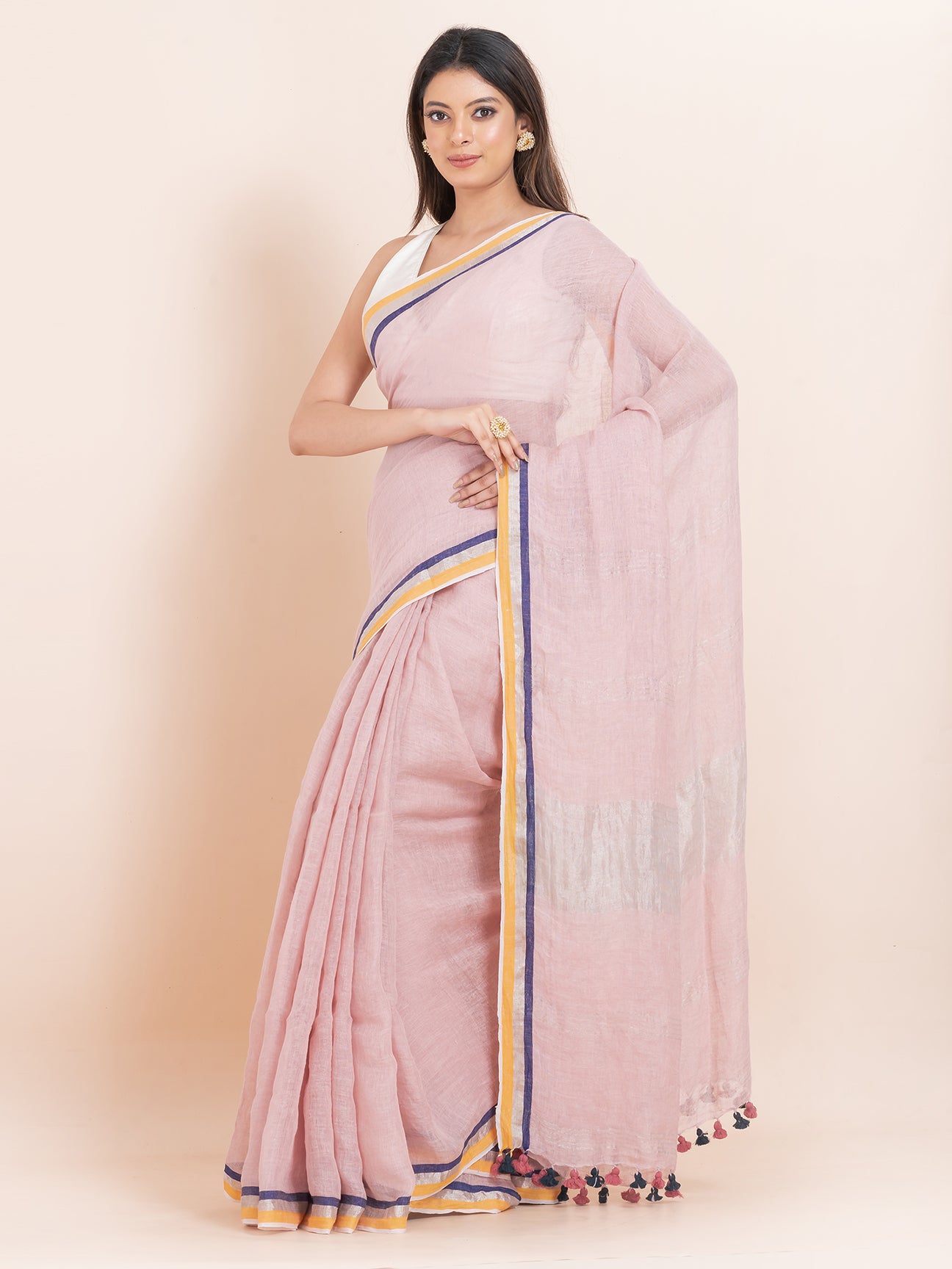 Rosy Bliss - Pure Linen Solid Saree WithContrast Border || Rose Pink