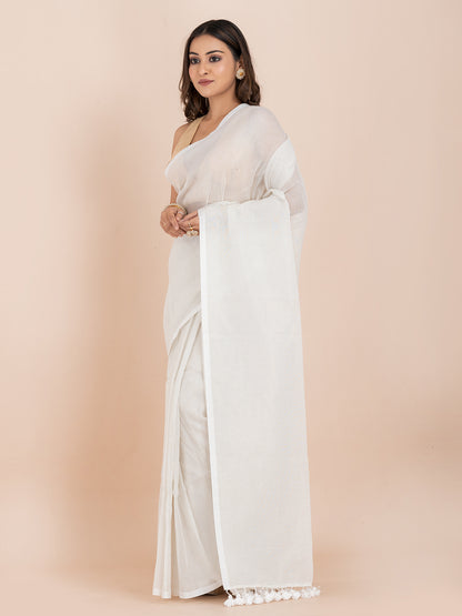 Snow Veil - Pure Cotton Striped Saree With Metallic Zari || White