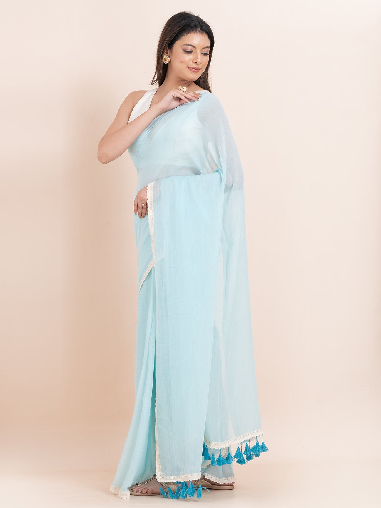 Cloud Kiss - Pure cotton solid saree with lace border || Sky Blue