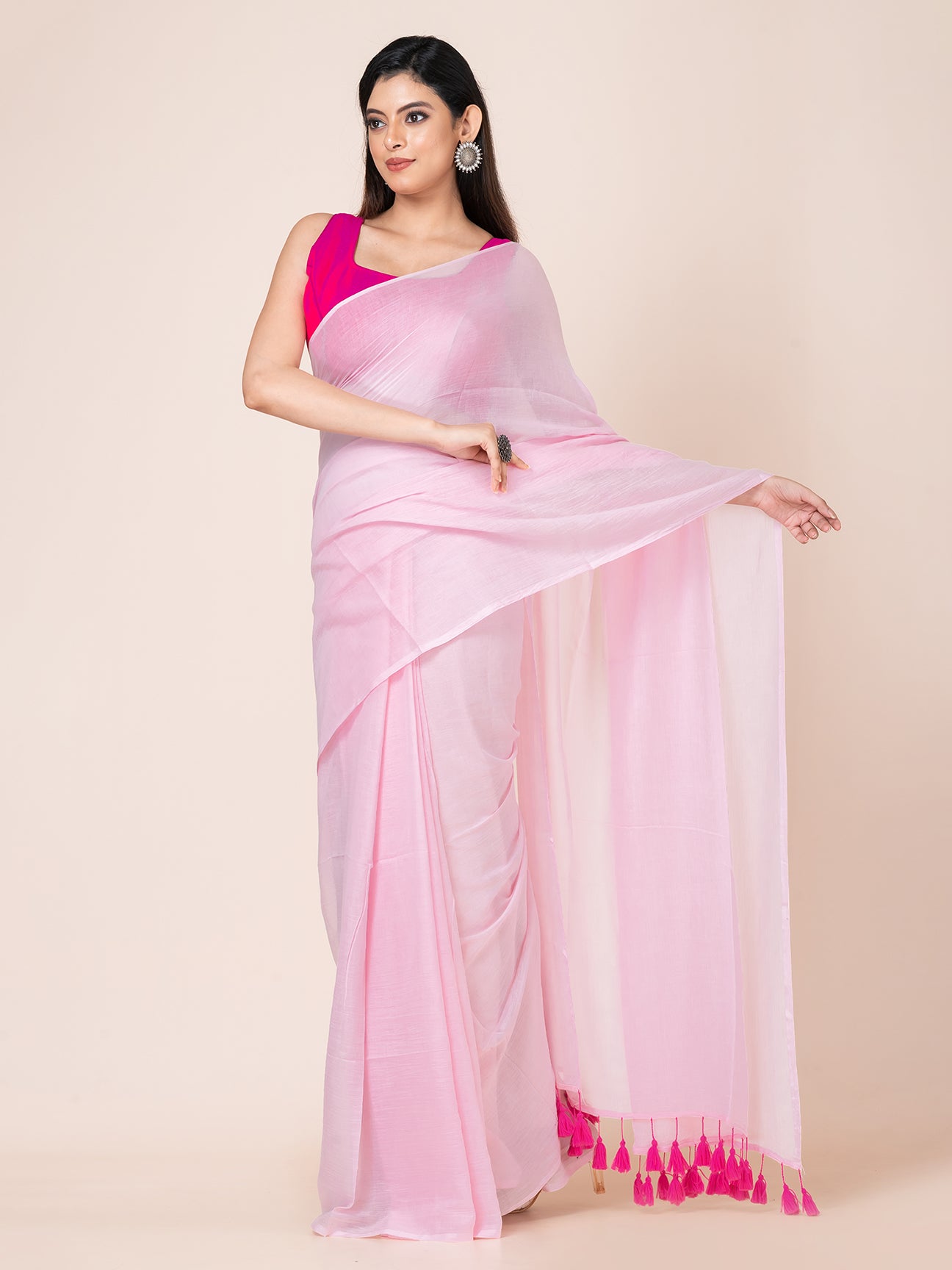 Bush Pink - Pure cotton solid saree with tassels || Pink