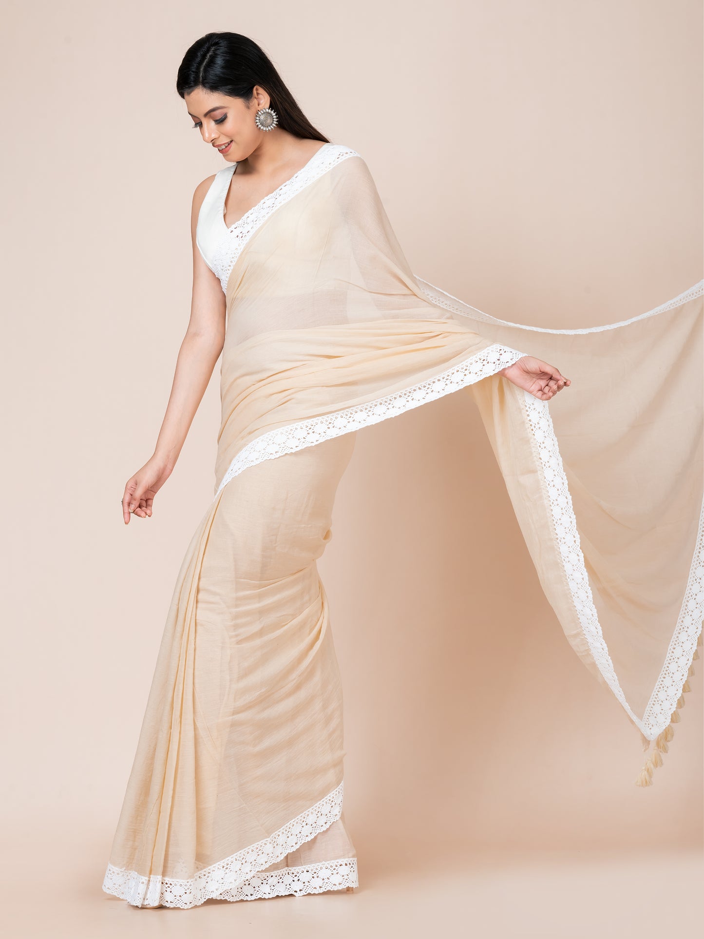 Latte Luxe - Pure cotton solid saree with lace border || Beige