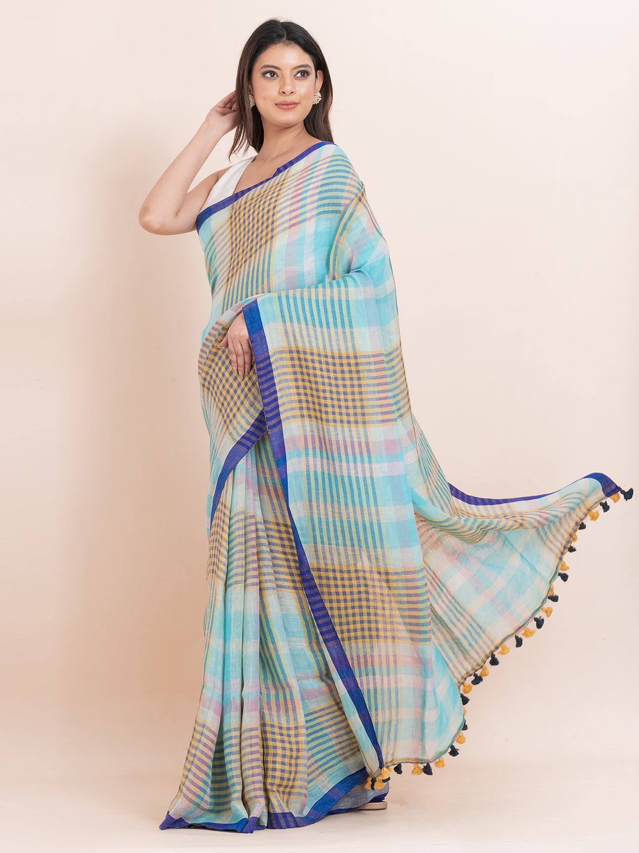 Cerulean Bliss - Pure Linen Striped Saree  || Navy