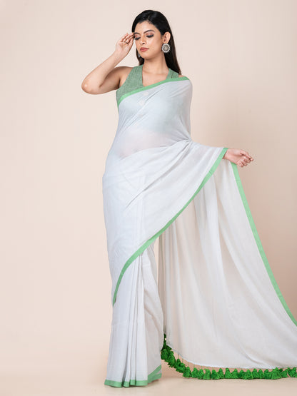 Misty - Pure cotton solid saree with contrast border and contrast tassels || Fog Grey