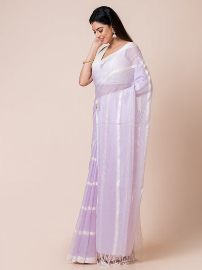 Lavender - Pure Cotton Saree With Zari Stripes || Lavender
