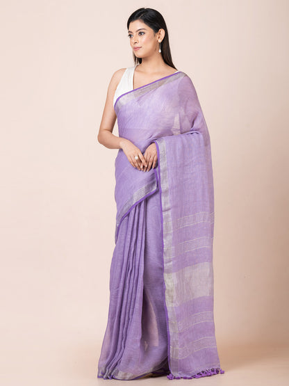 Blue Oasis - Pure Linen Solid Saree With Zari Border || Dusty Blue