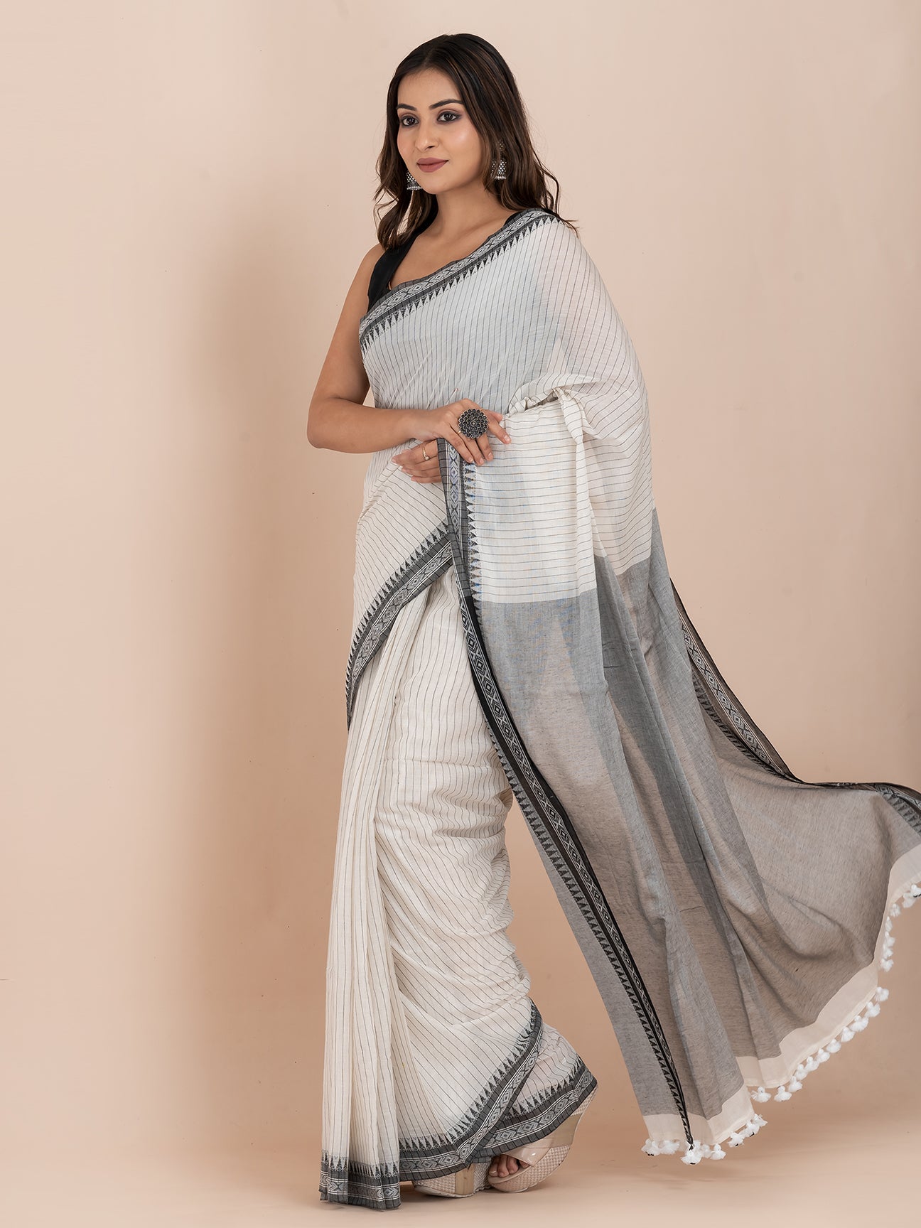 Shadow Stripes - Pure Cotton Striped Saree || Grey