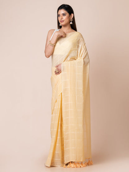 Marigold Magic - Pure Cotton Checkered Saree || Beige