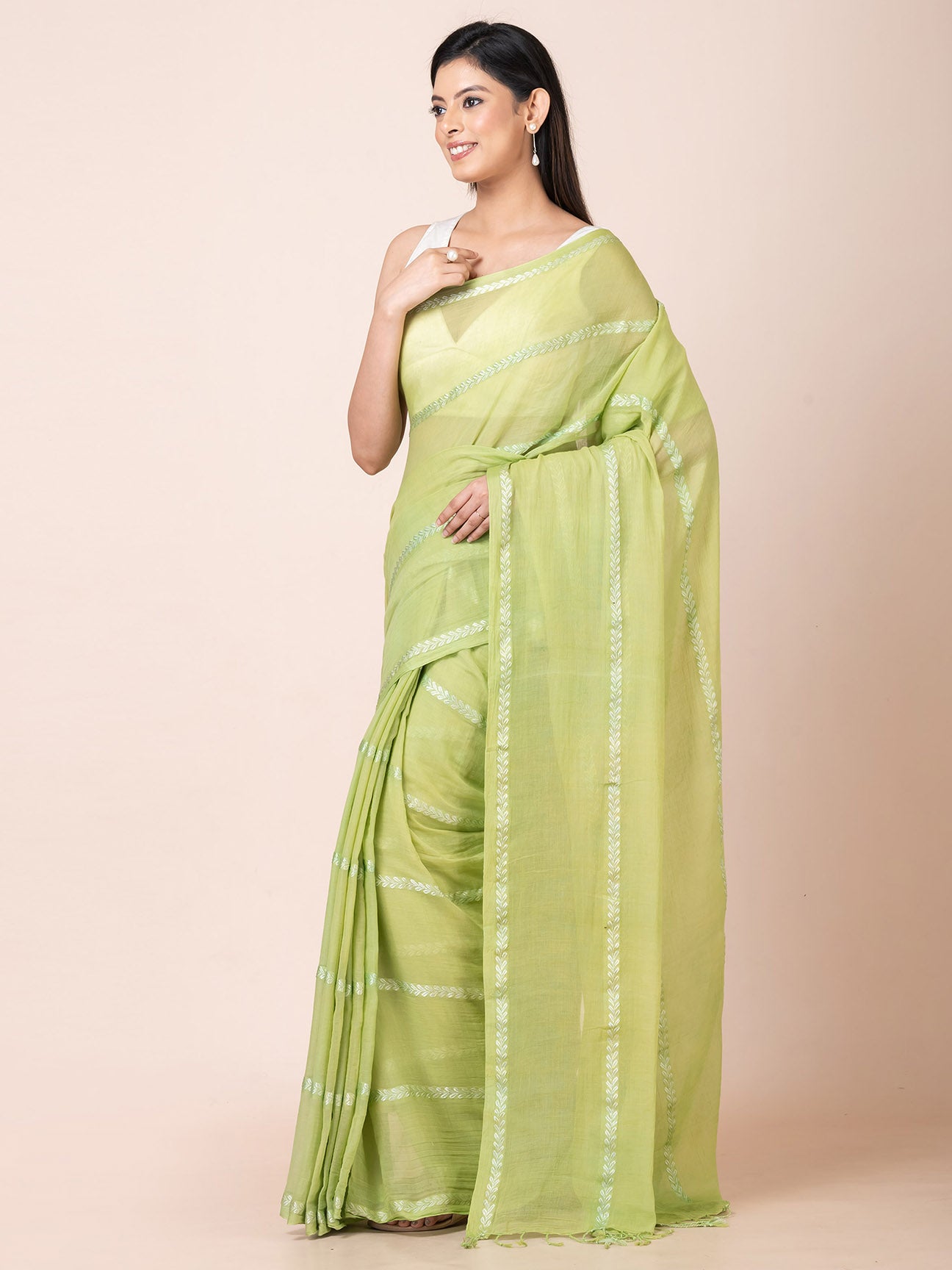 Pearl Pista - Pure Cotton Saree With Zari Stripes || Pista Green