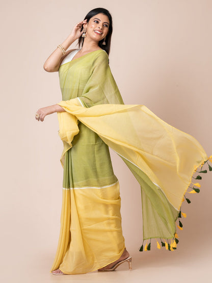 Lemon Charm - Pure cotton solid  saree with tassels ||  Yellow and Green