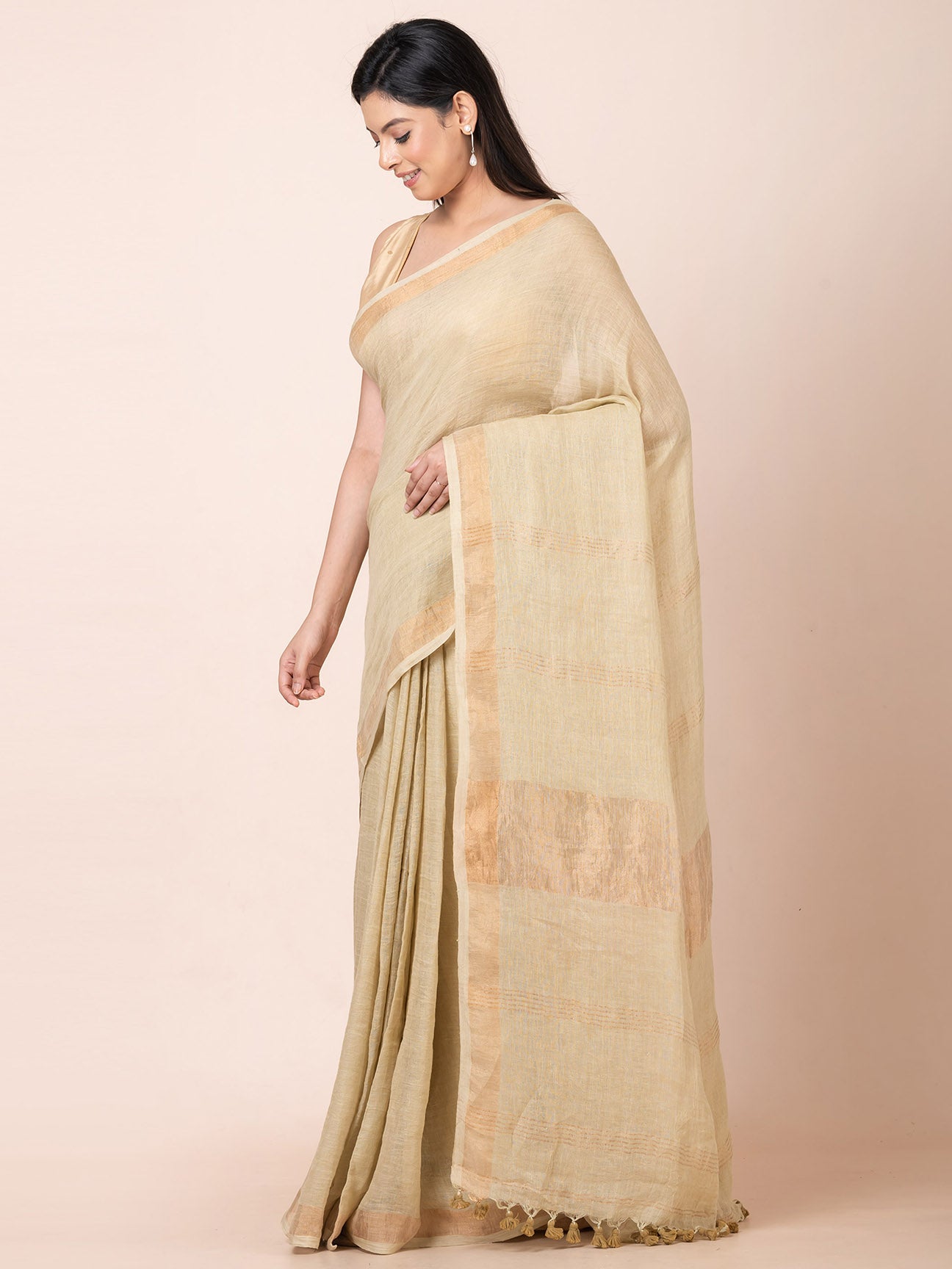 Desert Bloom - Pure Linen Solid Saree With Zari Border || Tan