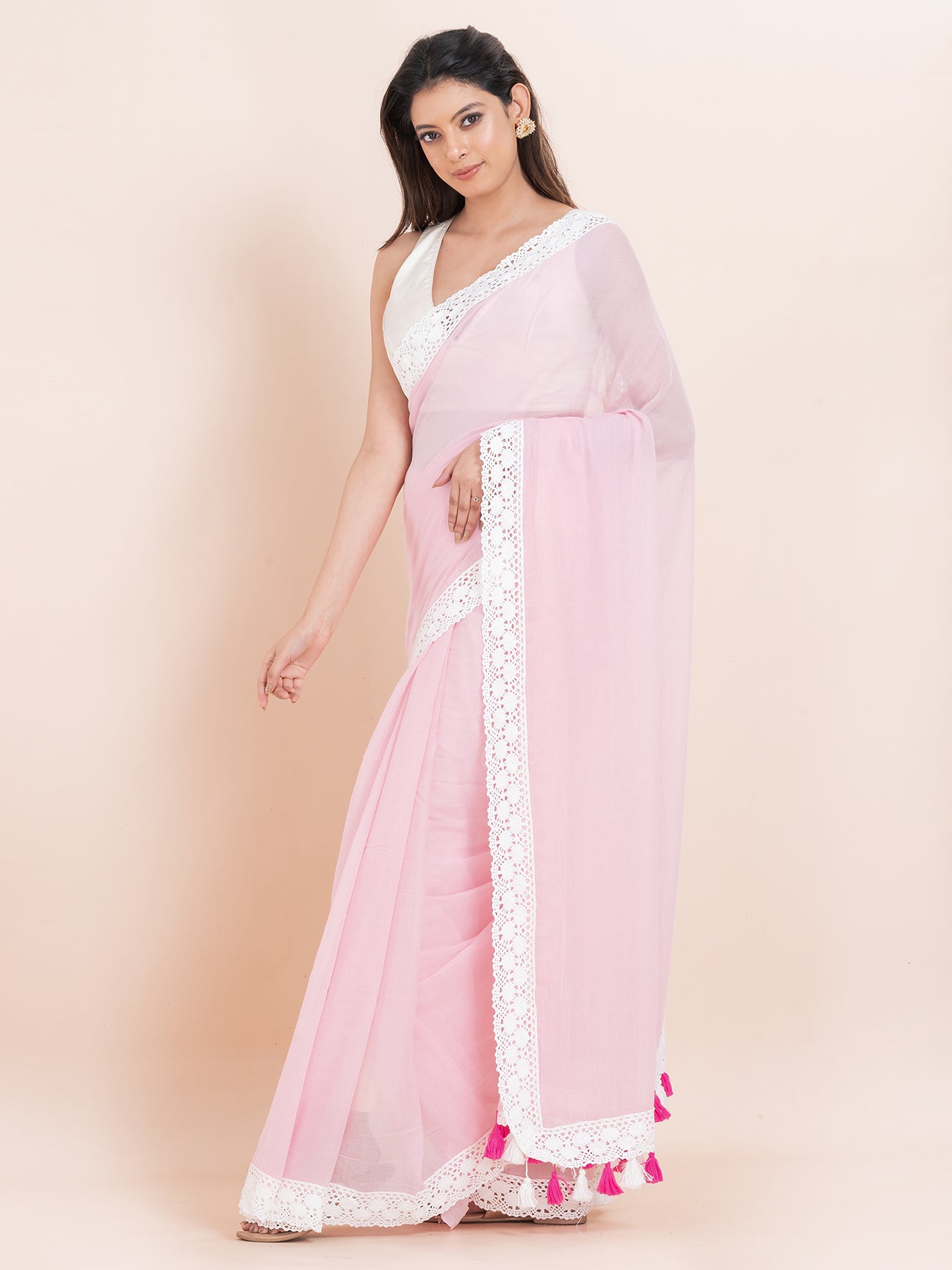 Gulabi Grace - Pure cotton solid saree with lace border || Bubblegum