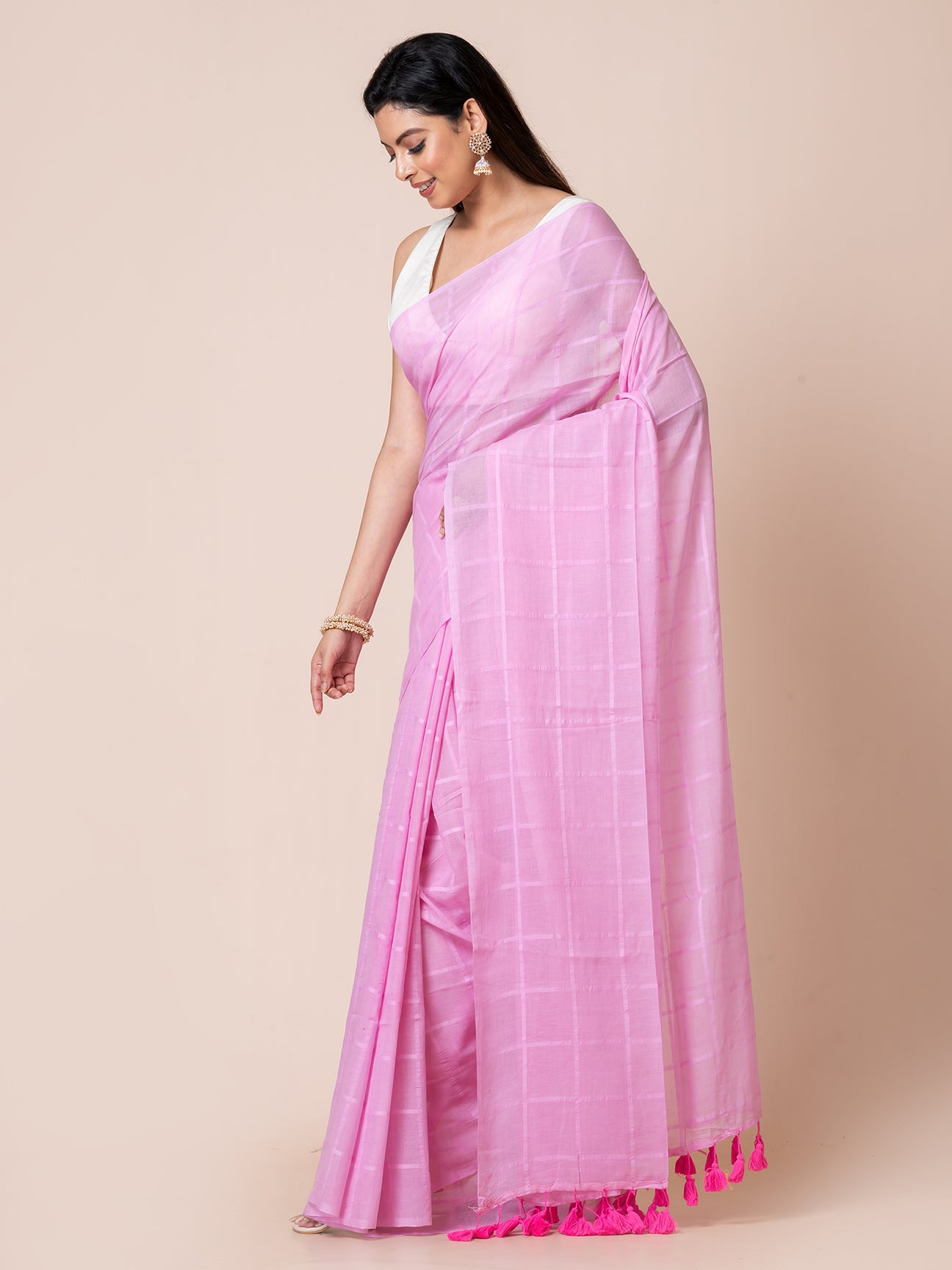 Berry Blush - Pure Cotton Checkered Saree || Pink