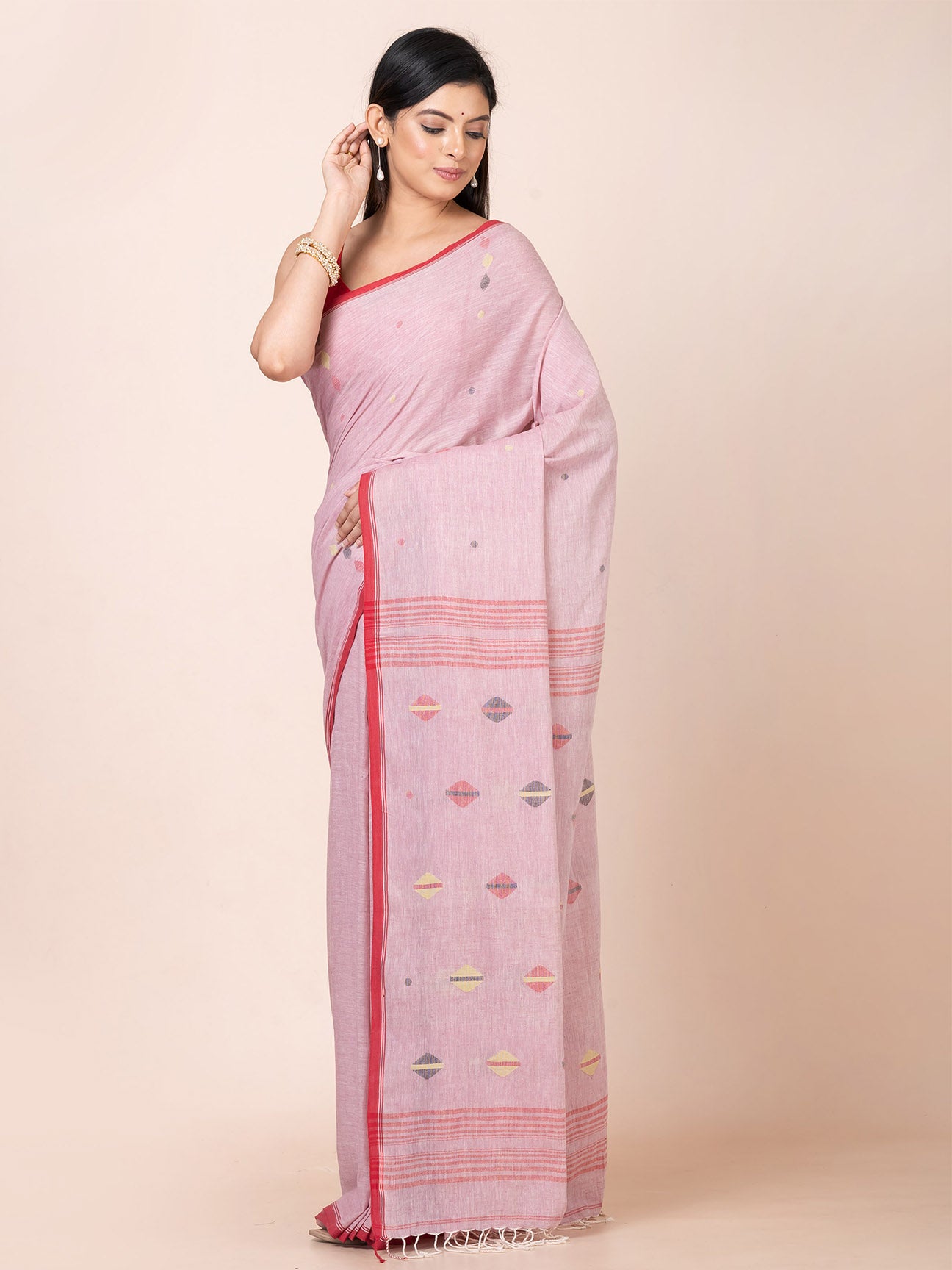 Gulabi Noor - Pure Cotton Saree With Jamdani Motifs || Pink