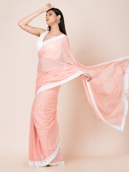 Peach Blossom - Pure cotton solid saree with lace border || Peach