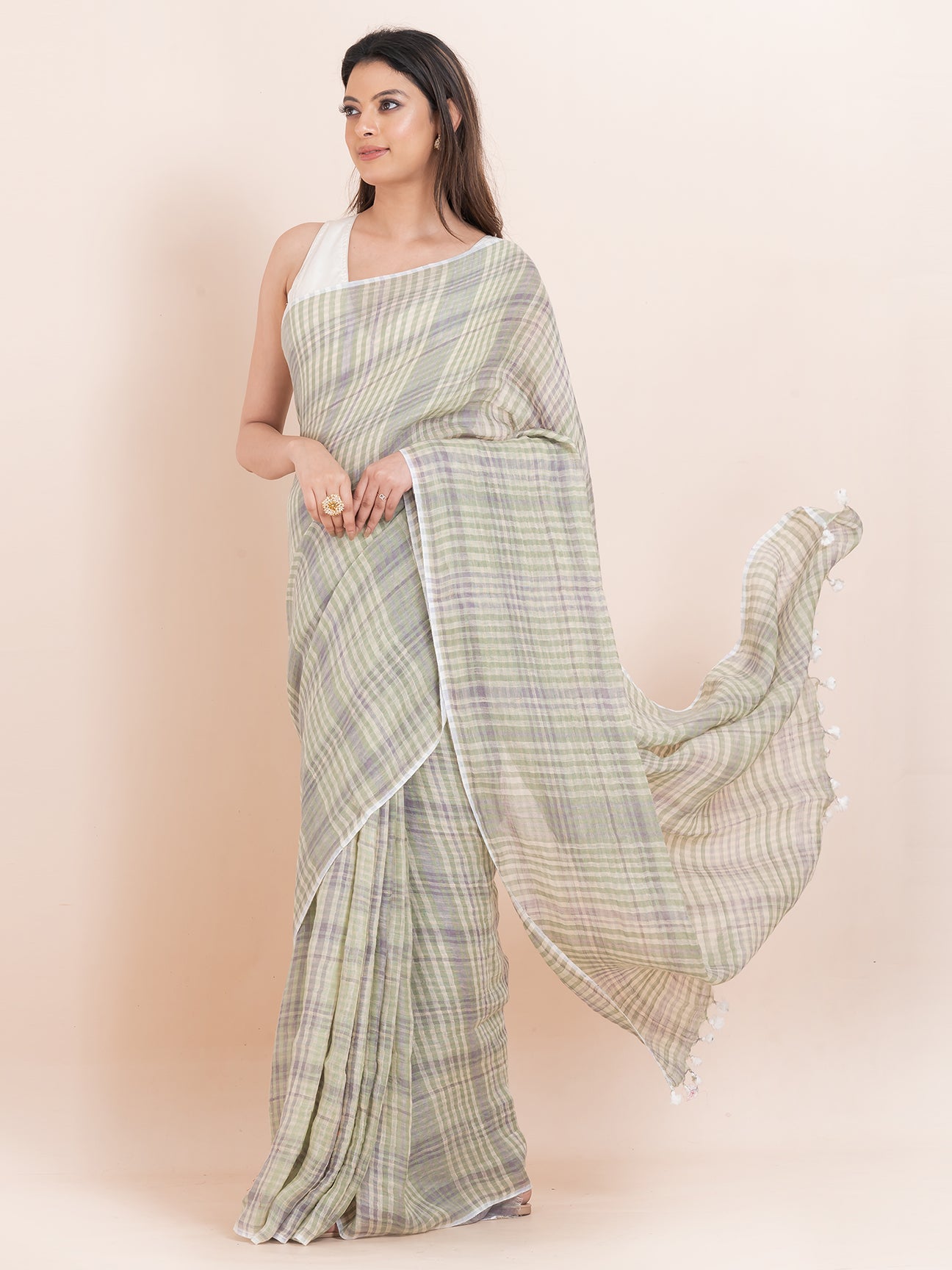 Silver Cascade - Pure Linen Striped Saree  || Grey