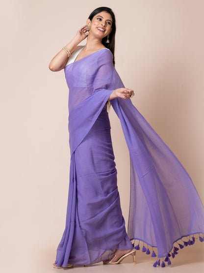 Bluebells - Pure cotton solid saree with  contrast tassels || Dusty Blue