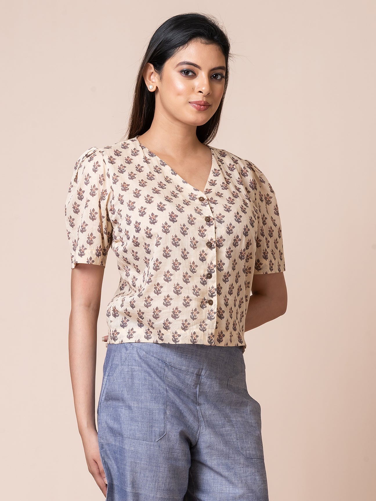 Lychee - OCAU Basic Self Designed Block Printed Cotton Button Down Top