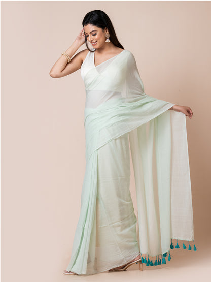 Hyacinth - Pure cotton solid saree with contrast tassels || Light Aqua