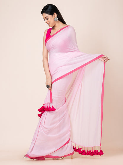 Rosa - Pure cotton solid saree with contrast border and contrast tassels || Pink