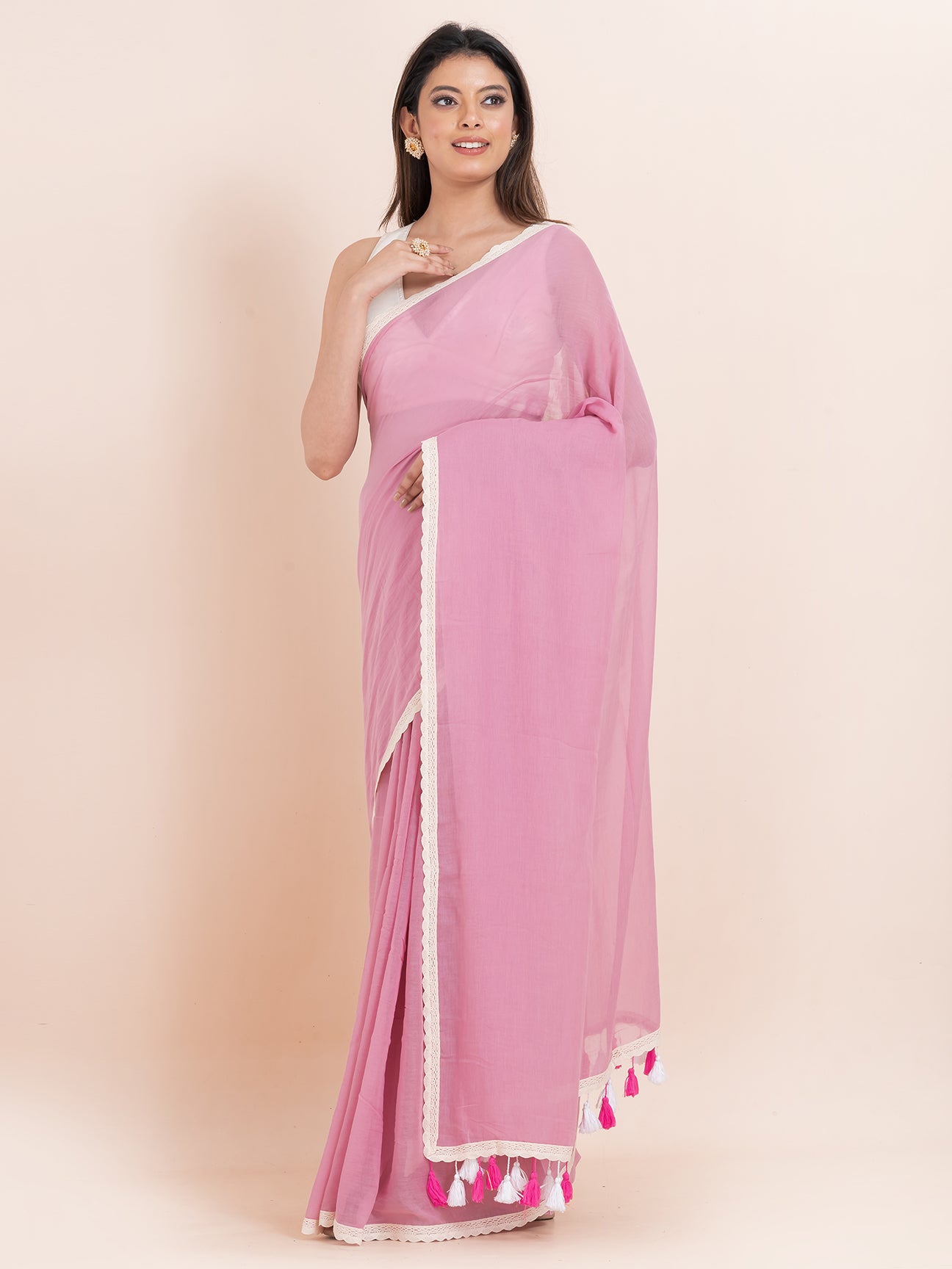 Blush Bloom - Pure cotton solid saree with lace border || Blush