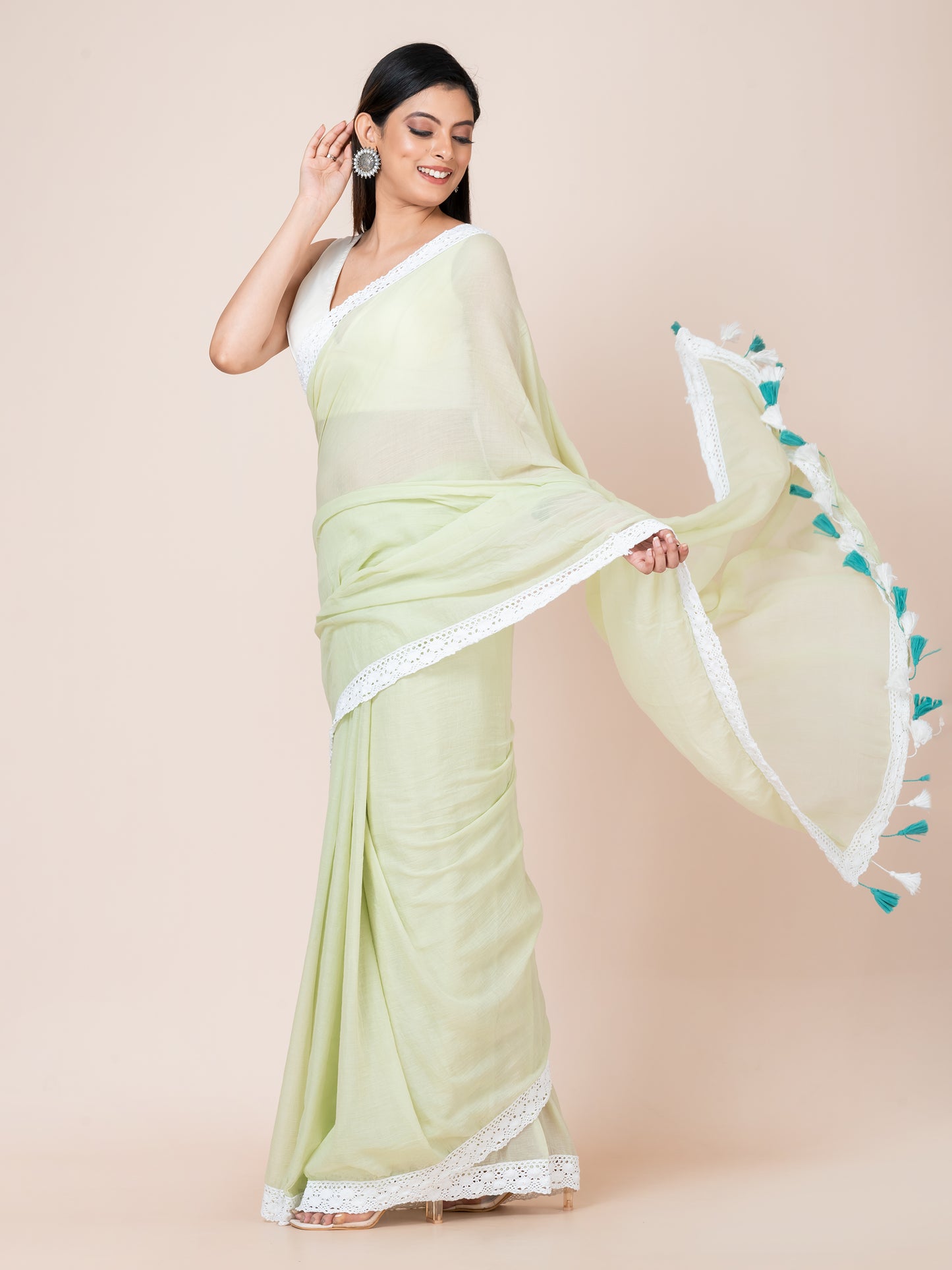 Mint Blossom - Pure cotton solid saree with lace border || Pistachio Green