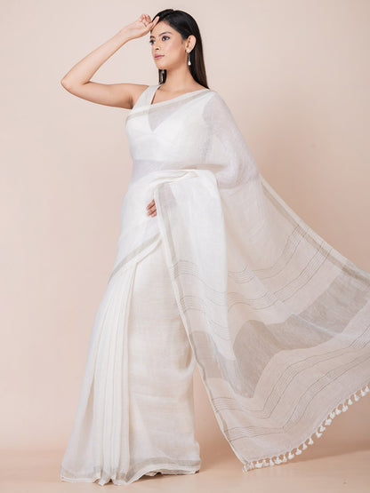 Ivory Breeze - Pure Linen Solid Saree With Zari Border || White