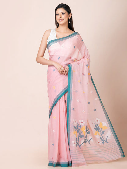 Rubi Mist - Pure Cotton Saree With Jamdani Motifs || Pink