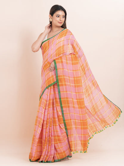 Citrus Dream - Pure Linen Striped Saree  || Tangerine