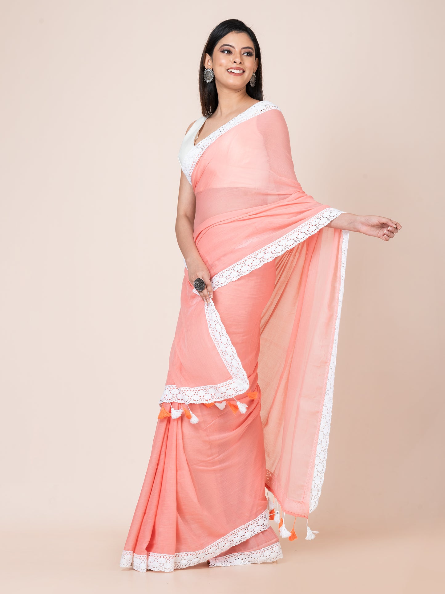 Amber Rose - Pure cotton solid saree with lace border || Coral