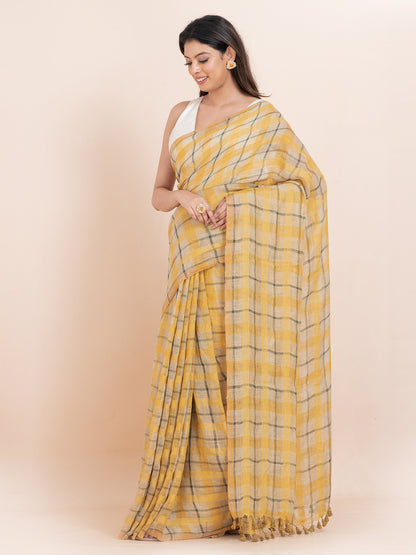 Caramel Bliss - Pure Linen Striped Saree  ||  Tan