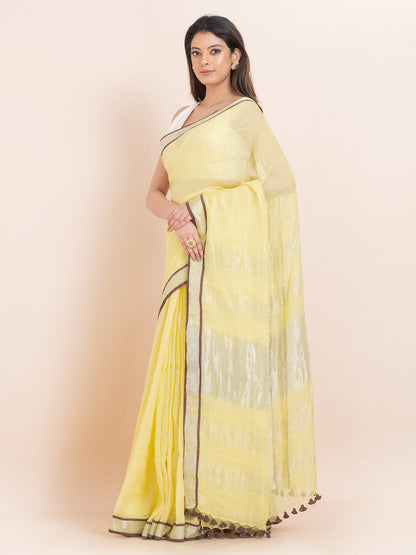 Saffron Kiss - Pure Linen Solid Saree With Contrast Border || Golden Ochre