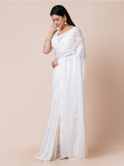 Snowdrop - Pure Cotton Saree With Zari Stripes || White