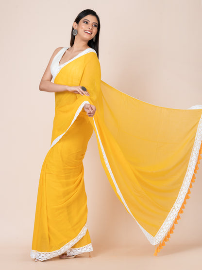 Daisy Delight - Pure cotton solid saree with lace border || Yellow