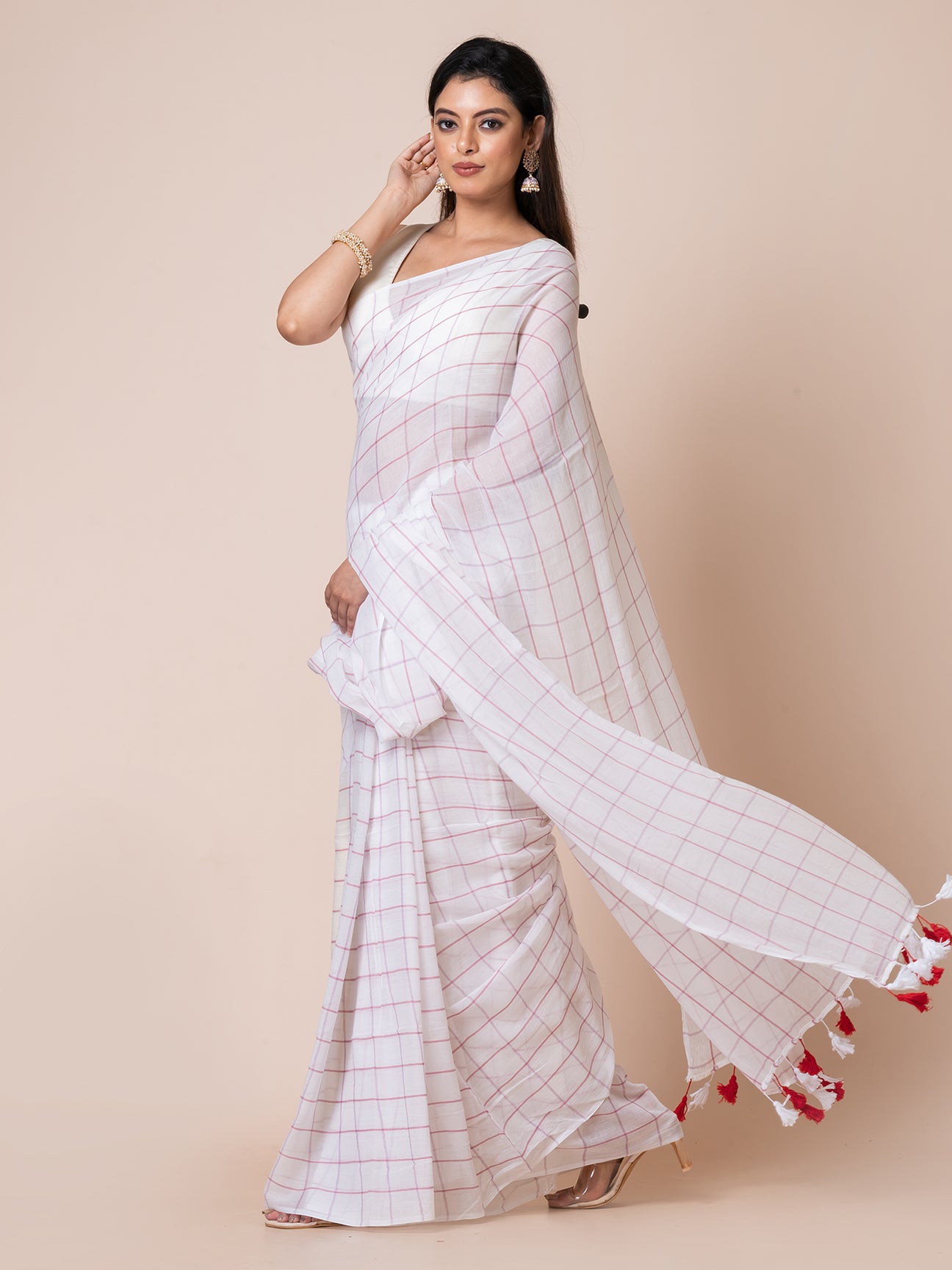 Ivory Dream - Pure Cotton Checkered Saree || White and Red