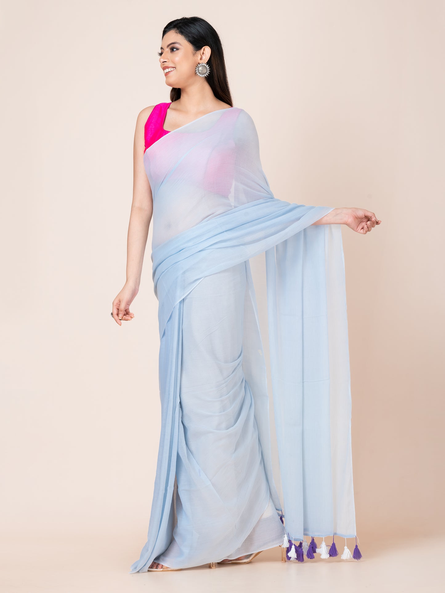 Iris - Pure cotton solid saree with tassels || Sky Blue