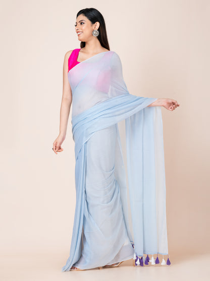 Iris - Pure cotton solid saree with tassels || Sky Blue