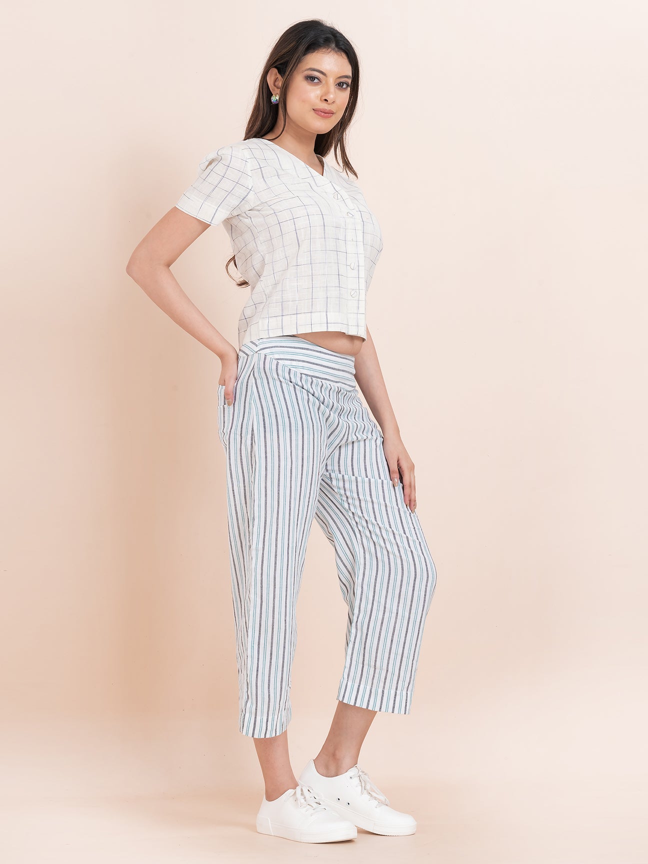 Monoline Trousers - OCAU Basic Striped Wide Leg Cropped Pant