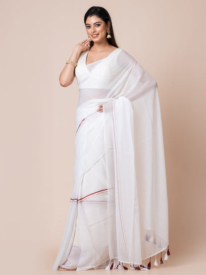 Calla Lily - Pure cotton solid saree with tassels || White