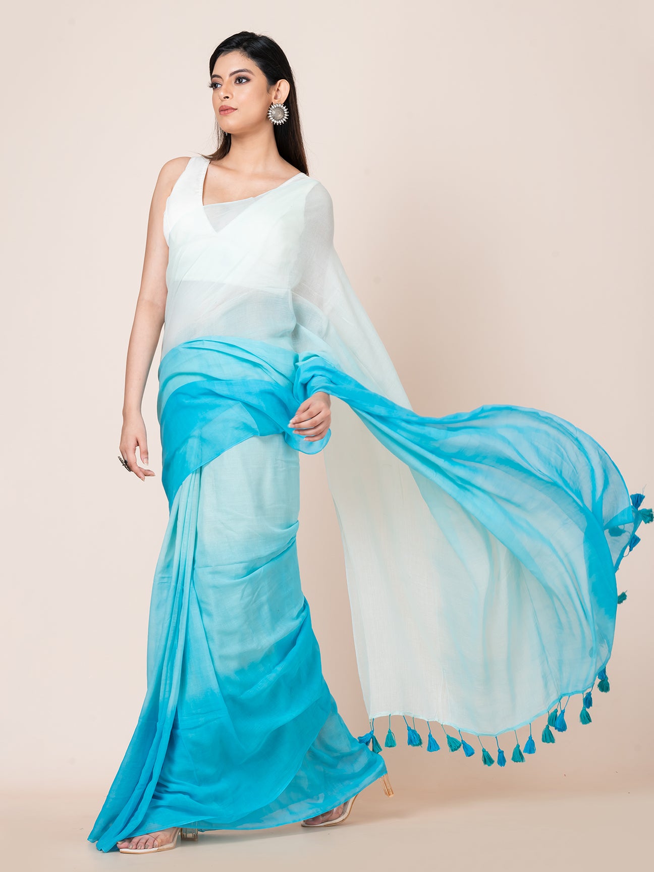 Blue Mirage - Pure cotton solid shaded saree with tassels || Sky Blue