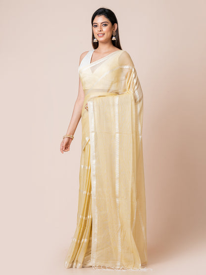 Mimosa Magic - Pure Cotton Saree With Zari Stripes || Pastel Yellow