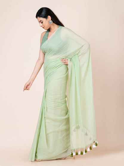 Pista - Pure cotton solid saree with tassels || Pistachio Green