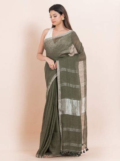 Forest Wishpers - Pure Linen Solid Saree With Contrast Border  || Avocado