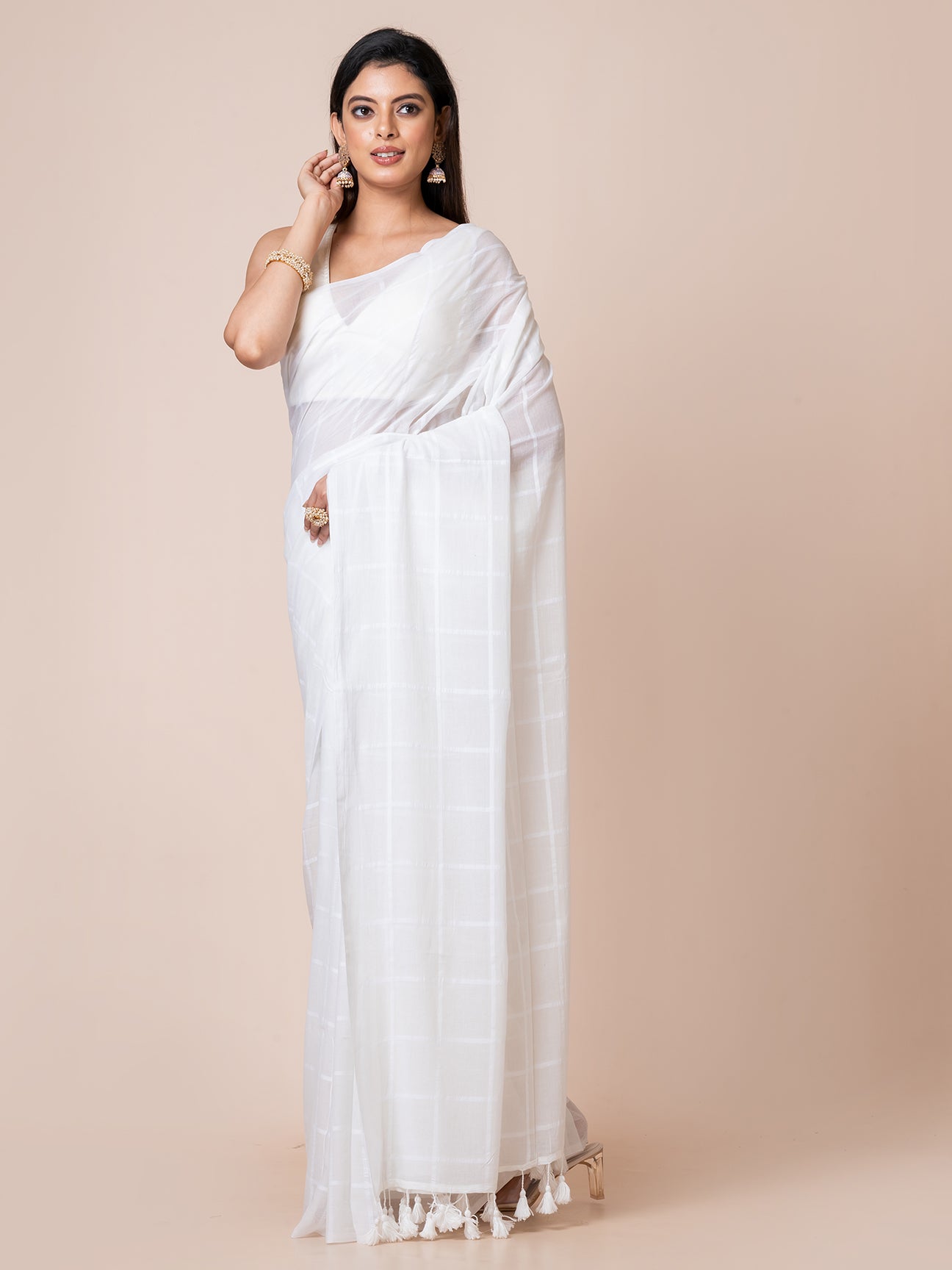 Milky Silk - Pure Cotton Checkered Saree || White