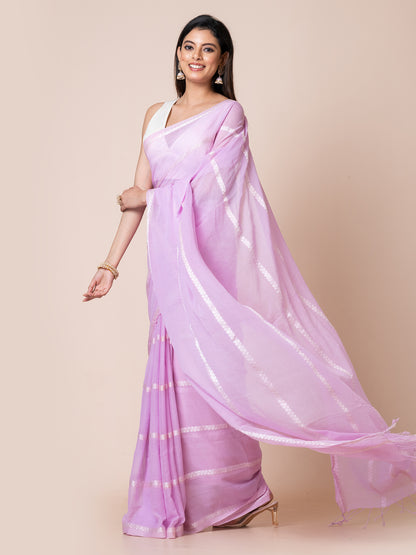 Lily - Pure Cotton Saree With Zari Stripes || Light Purple