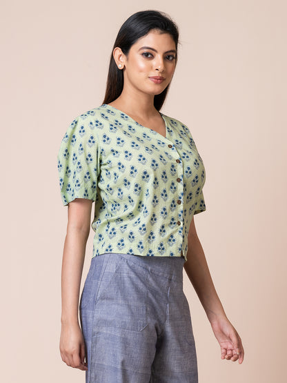 Green Star - OCAU Basic Self Designed Block Printed Cotton Button Down Top