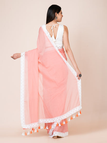 Amber Rose - Pure cotton solid saree with lace border || Coral