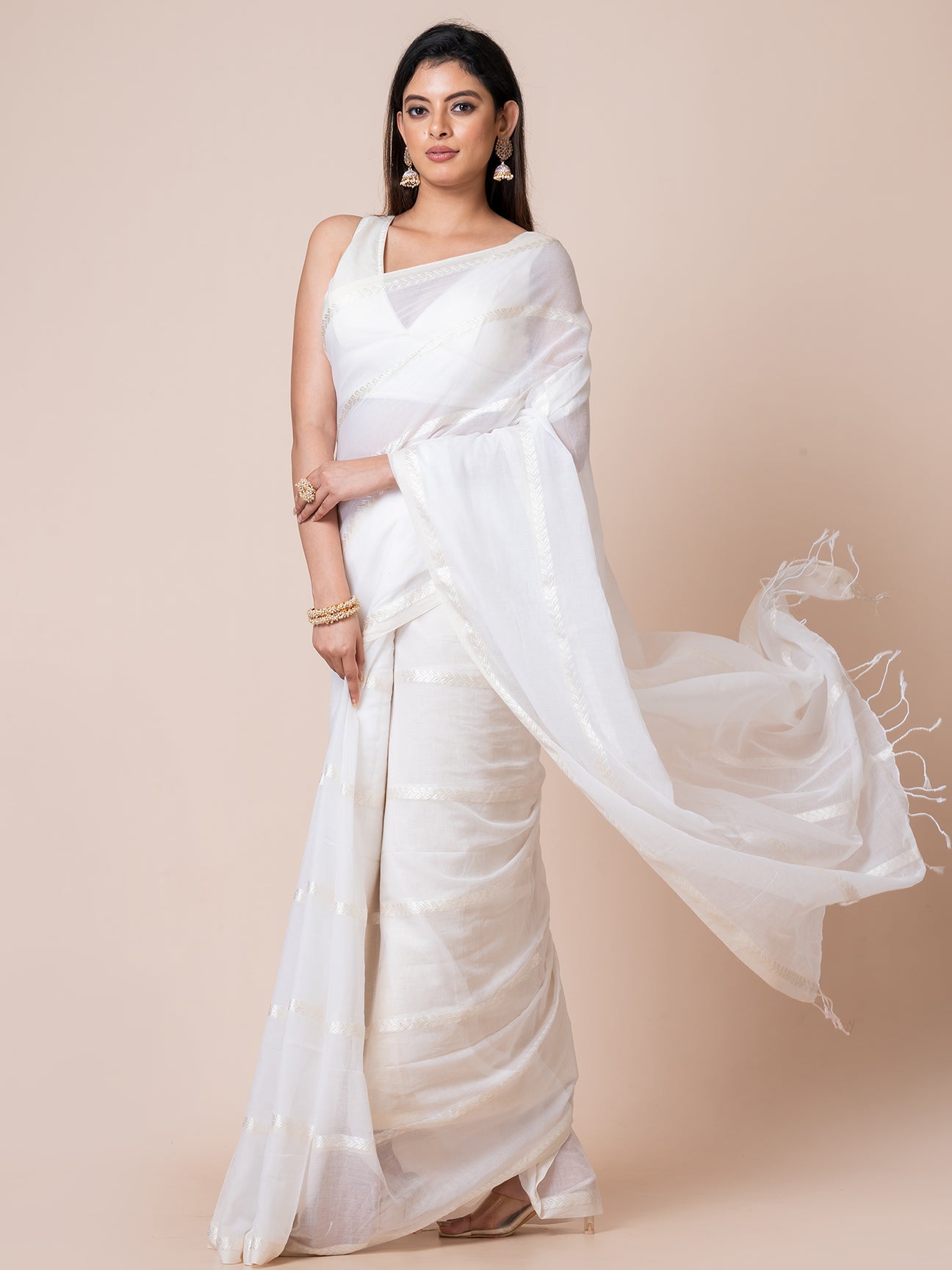 Snowdrop - Pure Cotton Saree With Zari Stripes || White