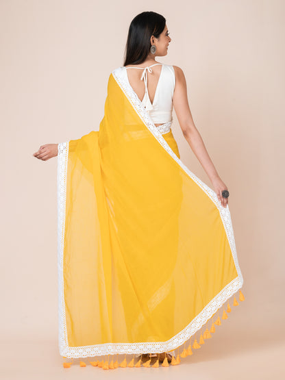 Daisy Delight - Pure cotton solid saree with lace border || Yellow