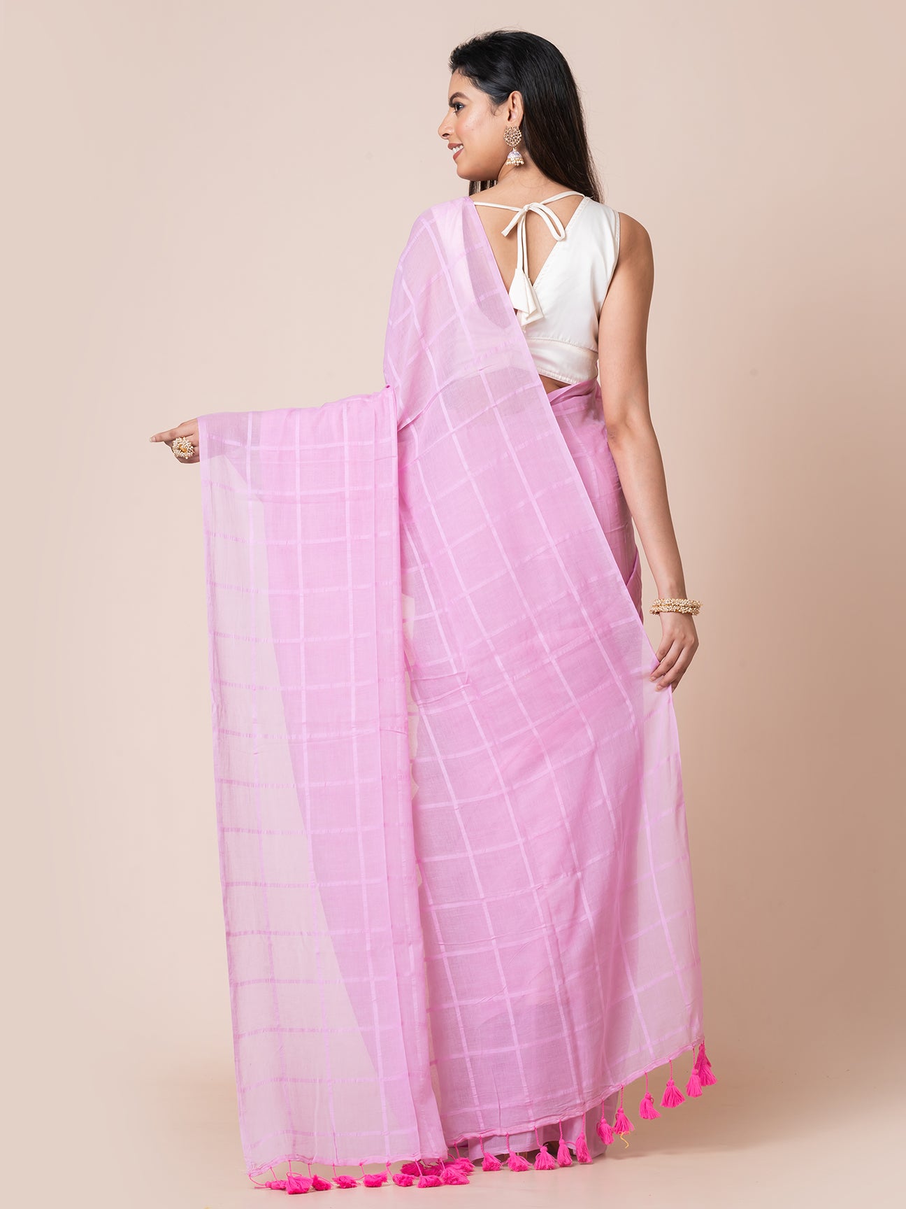 Berry Blush - Pure Cotton Checkered Saree || Pink